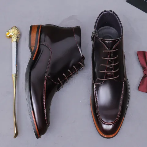 Bottines Formelles Homme Style Britannique en Cuir de Vachette Première Couche Verni Chaussures Business Fermeture Éclair et Lacets