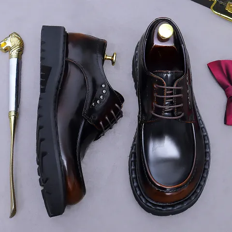 Men's Cowhide Leather Derby Shoes Shiny Mirror Finish Thick Lug Sole Rivets Business Formal Height Increasing Burnished Brown British Style