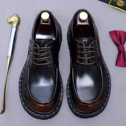 Men's Cowhide Leather Derby Shoes Shiny Mirror Finish Thick Lug Sole Rivets Business Formal Height Increasing Burnished Brown British Style