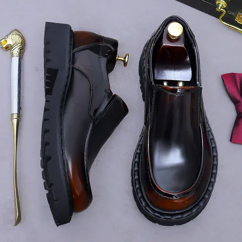 Men's Glossy Cowhide Leather Loafers Thick Sole British Style Business Formal Slip-On Shoes Pigskin Lining Footwear