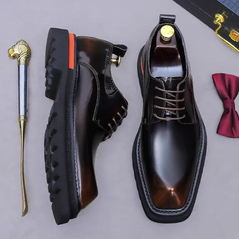 Men Glossy Cowhide Derby Shoes Square Toe Thick Sole Height Increasing Business Casual Dress Shoes Brown Black