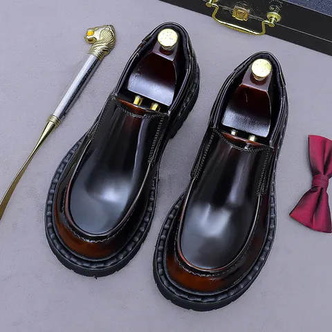 Men's Glossy Cowhide Leather Loafers Thick Sole British Style Business Formal Slip-On Shoes Pigskin Lining Footwear