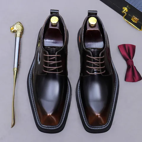 Men Glossy Cowhide Derby Shoes Square Toe Thick Sole Height Increasing Business Casual Dress Shoes Brown Black