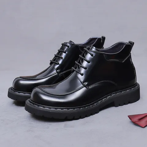 Men's Genuine Cowhide Leather Martin Boots Vintage Burnished British Style Lace-up Casual Business Height Increasing Low Top Boots