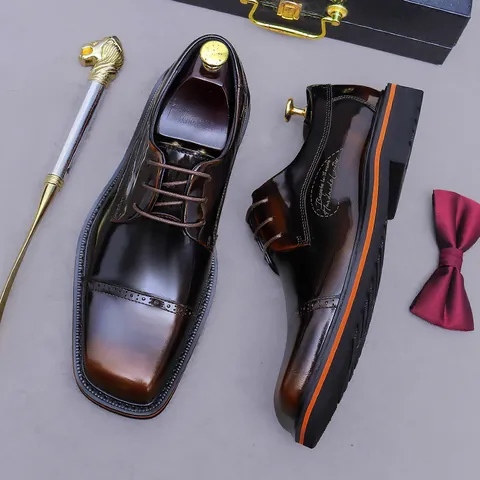 Men's Derby Shoes Genuine Cowhide Leather Brogue Carved Square Toe Vintage Burnished Formal Office Wedding Business Dress Shoes