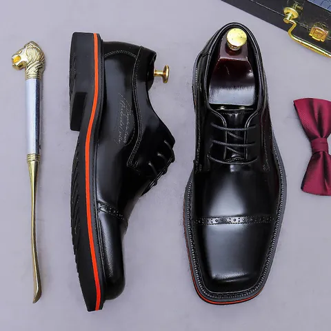 Men's Derby Shoes Genuine Cowhide Leather Brogue Carved Square Toe Vintage Burnished Formal Office Wedding Business Dress Shoes