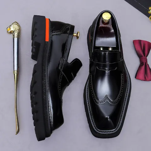 Men's Genuine Cowhide Leather Loafers British Brogue Wingtip Carving Platform Business Formal Shoes Height Increasing Gentleman Slip-On Footwear
