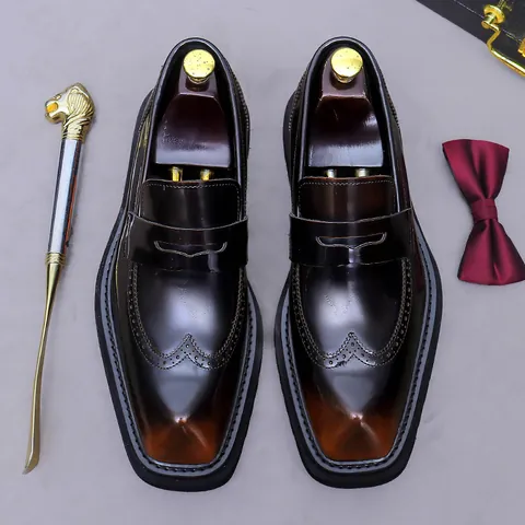 Men's Genuine Cowhide Leather Loafers British Brogue Wingtip Carving Platform Business Formal Shoes Height Increasing Gentleman Slip-On Footwear
