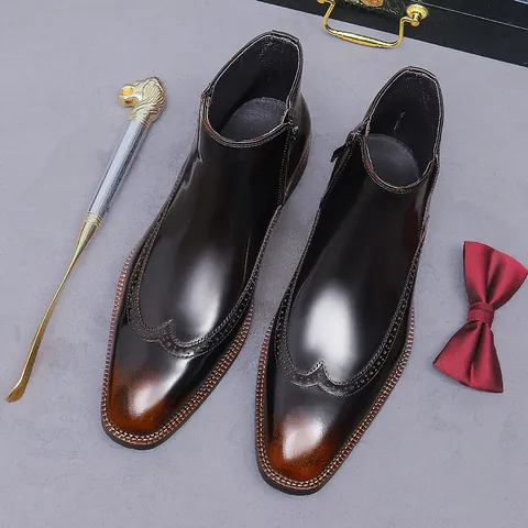 Men Genuine Cowhide Leather Chelsea Boots British Brogue Wingtip Carved Formal Business Ankle Boots With Side Zipper Brown Black