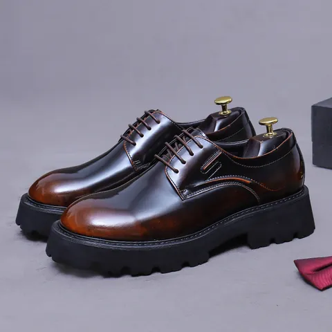 Men's Genuine Cowhide Leather Derby Shoes British Style Glossy Formal Wedding Business Dress Shoes Thick Platform Lug Sole Height Increasing Breathable Casual Shoes