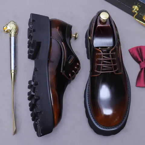 Men's Genuine Cowhide Leather Derby Shoes British Style Glossy Formal Wedding Business Dress Shoes Thick Platform Lug Sole Height Increasing Breathable Casual Shoes