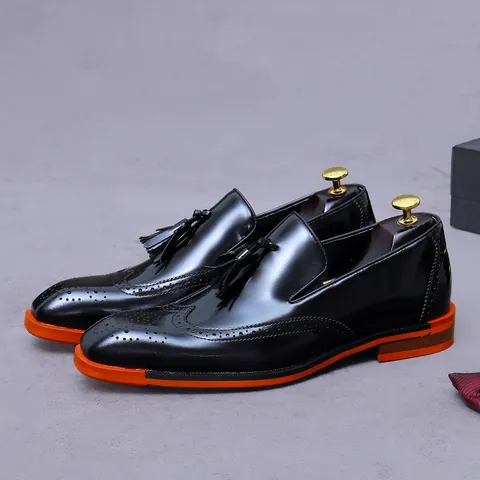 Men's British Style Genuine Cowhide Leather Brogue Tassel Loafers With Orange Sole Carved Business Casual Formal Dress Shoes