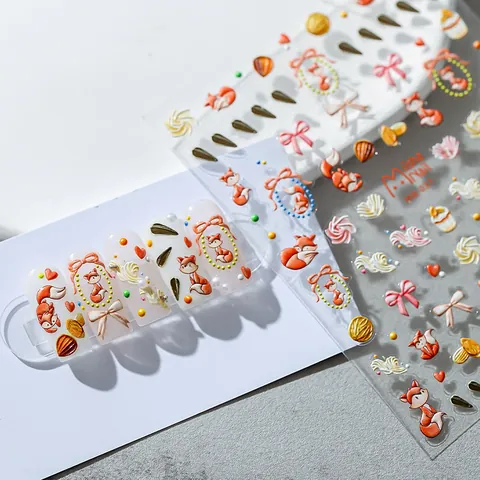 3D Relief Forest Fox Nail Art Stickers Autumn Theme Fox Pine Cone Bowknot 5D Embossed Self Adhesive Manicure Decoration For Women DIY