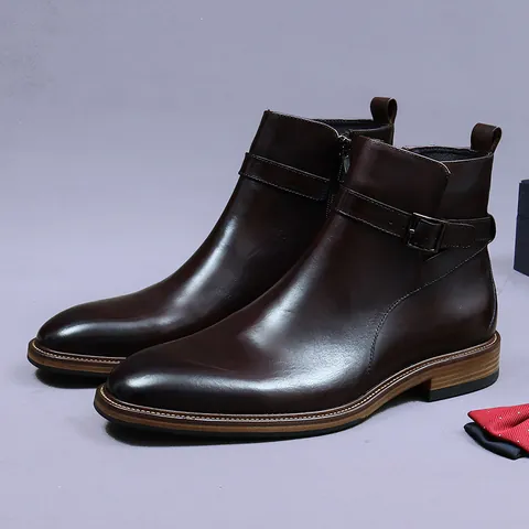 Men's Top Grain Cowhide Chelsea Boots British Business Formal Side Zip Buckle Strap Jodhpur Ankle Boots For Men