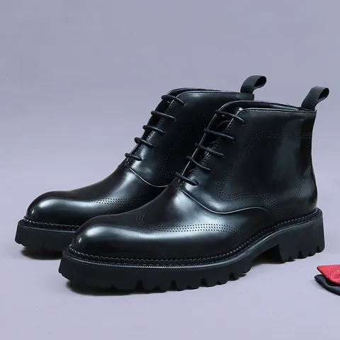 Men's Genuine Cowhide Leather Brogue Martin Boots Business British Style Lace-up Thick Sole Non-slip Mid-top Winter Boots