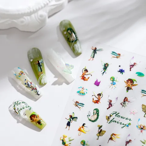 Pegatinas de Uñas 5D Hada de las Flores Elfo Calcomanías Adhesivas Ultra Delgadas y Fuertes Tema Bosque Encantado Verde Accesorios DIY