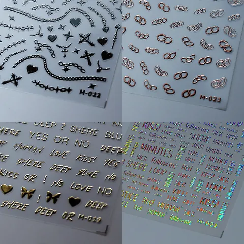 3D Metallic Nail Art Stickers Self Adhesive PET Gold Silver Holographic Letters Heart Butterfly Chain Cross Nail Decals DIY