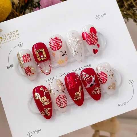 3D Bronzierung Chinesische Hochzeit Nagelkunst-Aufkleber Doppeltes Glück Kranich Wolken Gold Rot Weiß Herz DIY Nagelaufkleber Für Damen Hochzeit Party