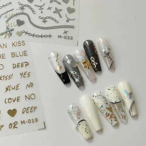 3D Metallic Nail Art Stickers Self Adhesive PET Gold Silver Holographic Letters Heart Butterfly Chain Cross Nail Decals DIY