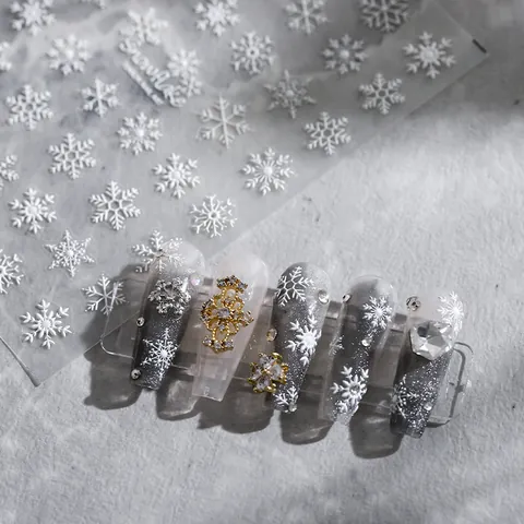 5D Weiße Schneeflocke Nagelkunst Aufkleber Geprägt Selbstklebend Winter 3D Nagel Decals Für Weihnachten DIY Maniküre Damen