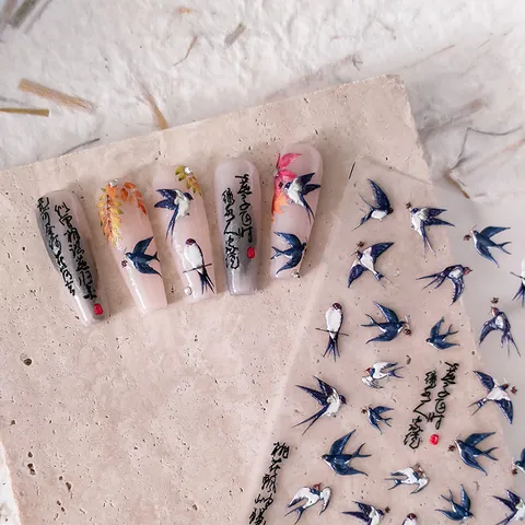 Autocollants d'Art d'Ongles Relief 5D Japonais Style Chinois Encre de Chine Hirondelle Oiseau Calligraphie Décalcomanies Manucure
