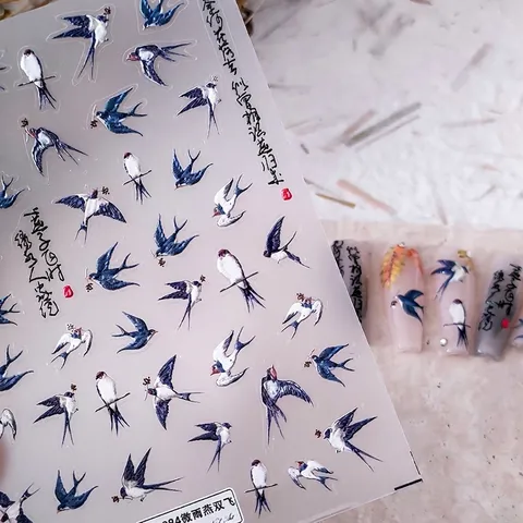 Autocollants d'Art d'Ongles Relief 5D Japonais Style Chinois Encre de Chine Hirondelle Oiseau Calligraphie Décalcomanies Manucure