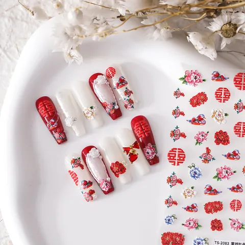 3D Relief Traditional Chinese Wedding Nail Art Stickers Red Double Happiness Peony Mandarin Duck Self Adhesive Nail Decals Decoration