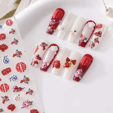 3D Relief Traditional Chinese Wedding Nail Art Stickers Red Double Happiness Peony Mandarin Duck Self Adhesive Nail Decals Decoration