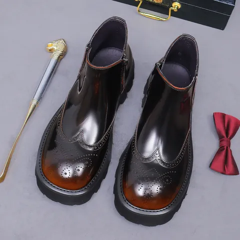 Men's British Style Brogue Chelsea Boots Top Layer Cowhide Leather Thick Sole Business Casual Commuting Platform Boots