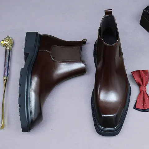 Herren Business Chelsea Boots Echtes Rindsleder High-Top Martin Stiefel Britischer Stil Plateau Fleece Gefüttert Warme Schuhe