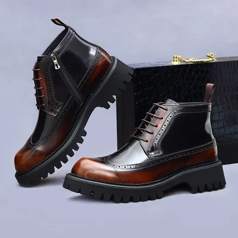 Men Genuine Leather Brogue Martin Boots British Style Vintage Wingtip Carving Side Zipper Rubber Sole Winter Boots
