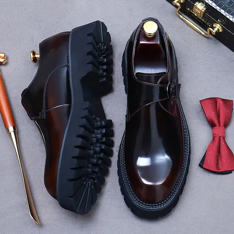 Men Genuine Leather Monk Strap Shoes Business Formal Platform Height Increasing Patent Leather Glossy Slip On Men Shoes