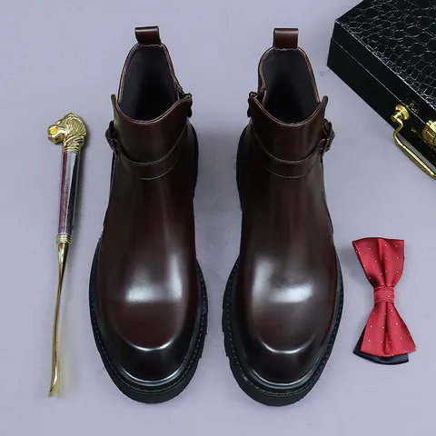 Men Genuine Cowhide Leather Chelsea Boots Side Zipper Metal Buckle Strap British Style Thick Sole Ankle Boots For Business Casual Office