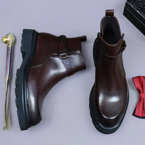 Men Genuine Cowhide Leather Chelsea Boots Side Zipper Metal Buckle Strap British Style Thick Sole Ankle Boots For Business Casual Office