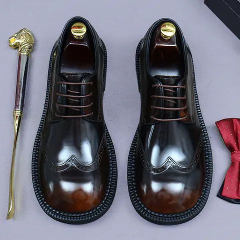 Men's Genuine Cowhide Leather Brogue Derby Shoes British Style Wingtip Carving Formal Business Casual Wedding Dress Shoes