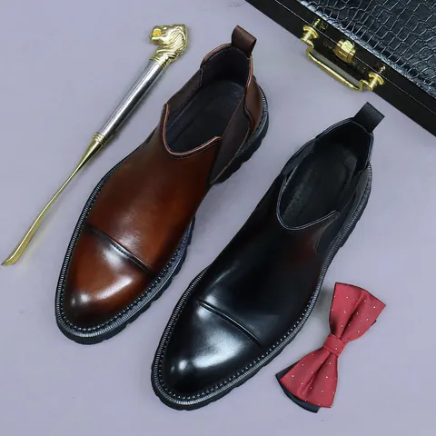 Men Business British Style Chelsea Boots Top Layer Cowhide Leather Cap-Toe Lug Sole Height Increasing Dress Ankle Boots