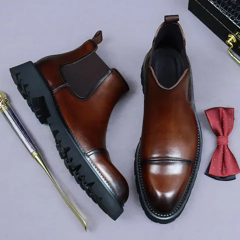 Men Business British Style Chelsea Boots Top Layer Cowhide Leather Cap-Toe Lug Sole Height Increasing Dress Ankle Boots