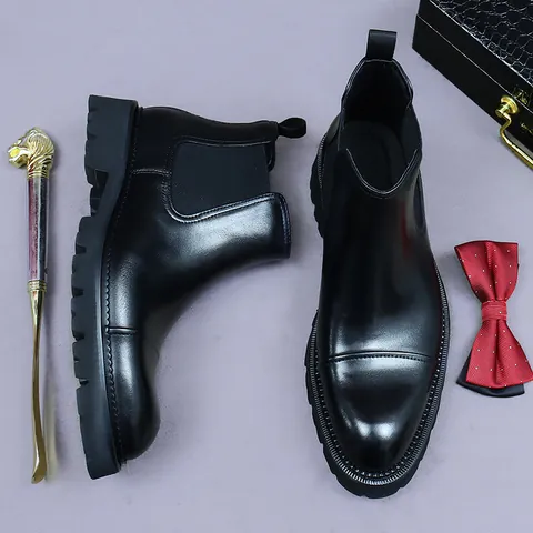 Men's Genuine Cowhide Chelsea Boots British Vintage Business Dress Boots With Thick Lug Rubber Sole Slip On Casual Shoes