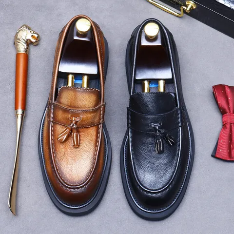 Men Business Loafers Top Grain Cowhide Leather Tassel Shoes Slip-on British Style Vintage Formal Dress Shoes Casual Mid Heel