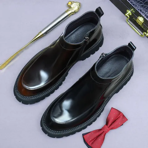 Men Genuine Leather Chelsea Boots Cowhide Glossy Finish Thick Lug Sole Side Zipper British Style Business Casual Shoes