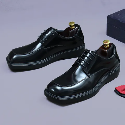 Men's Genuine Cowhide Leather Business Formal Shoes British Style Square Toe Lace-Up Glossy Derby Shoes For Wedding Office