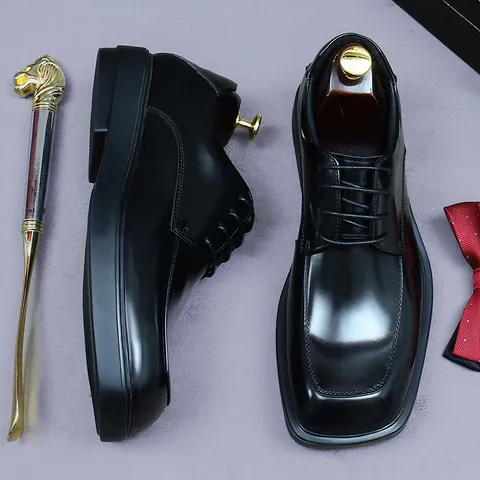 Men's Genuine Cowhide Leather Business Formal Shoes British Style Square Toe Lace-Up Glossy Derby Shoes For Wedding Office
