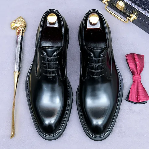Men's Premium Cowhide Genuine Leather Derby Shoes Height Increasing Mirror Finish Business Formal Dress Shoes Black Brown
