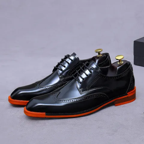 Genuine Cowhide Leather Men Brogue Derby Shoes British Style Business Formal Wedding Party Breathable Carving Dress Shoes
