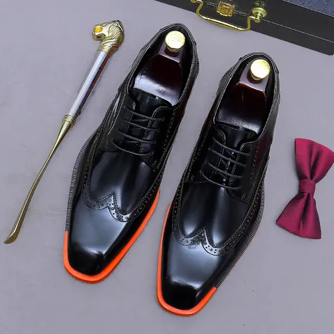 Genuine Cowhide Leather Men Brogue Derby Shoes British Style Business Formal Wedding Party Breathable Carving Dress Shoes