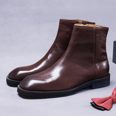 Stivali Martin da Uomo in Pelle di Vacchetta Vera Pelle Cerniera Laterale Stile British Retro High Top Business Casual Scarpe Outdoor Moda