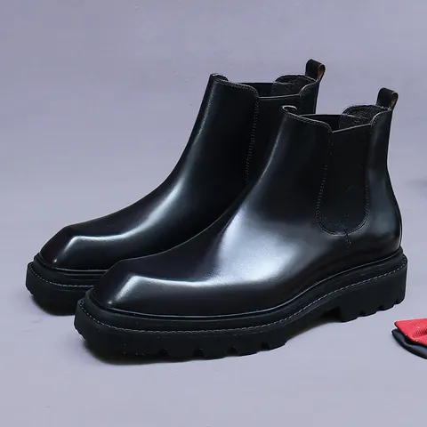 Men Genuine Cowhide Leather Chelsea Boots British Vintage Square Toe Thick Sole Slip-On Ankle Boots Business Casual Shoes