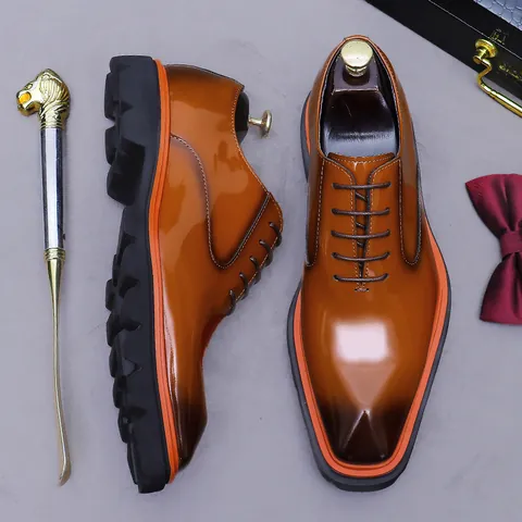 Men's Genuine Cowhide Leather Oxford Shoes Glossy Business Casual Square Toe Formal Dress Shoes Thick Sole Fashion Footwear