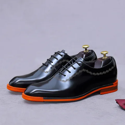 Men's Business Dress Shoes Genuine Cowhide Leather Polished Oxford Wedding Groom Shoes Contrast Orange Sole Professional Office Footwear