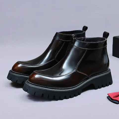 Men's Professional Top Grain Cowhide Leather Martin Boots Side Zipper Thick Sole Platform Business Casual British Shoes